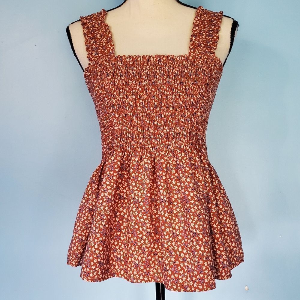 Pleione Orange Floral Elastic Stretchy Ruffle Tank Top